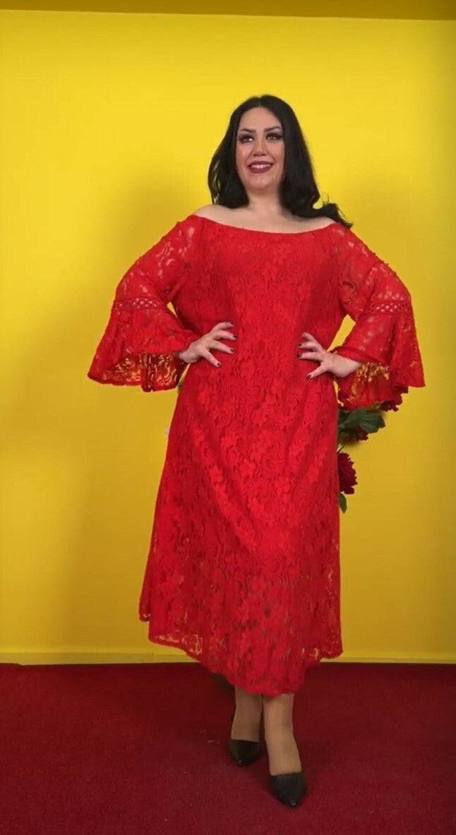 Elegant Red Lace Off-Shoulder Dress Sz 18 Made In Turkey