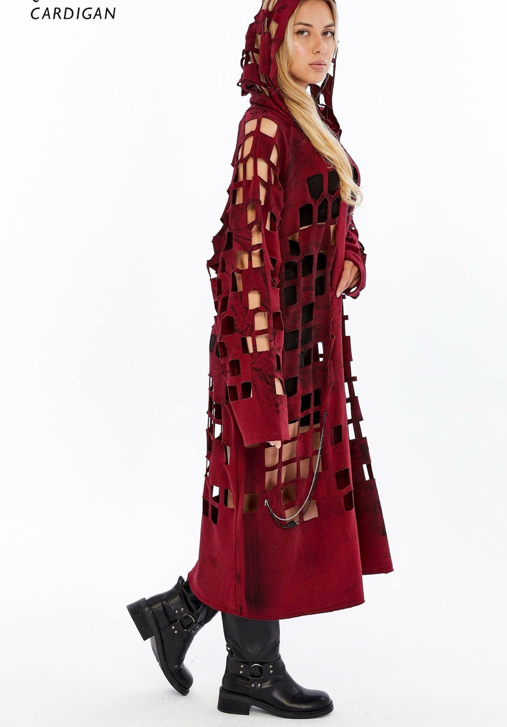 Punk Queen Burgundy Cut-Out Hooded Cardigan Sz M Longline Edgy Coat Turkey