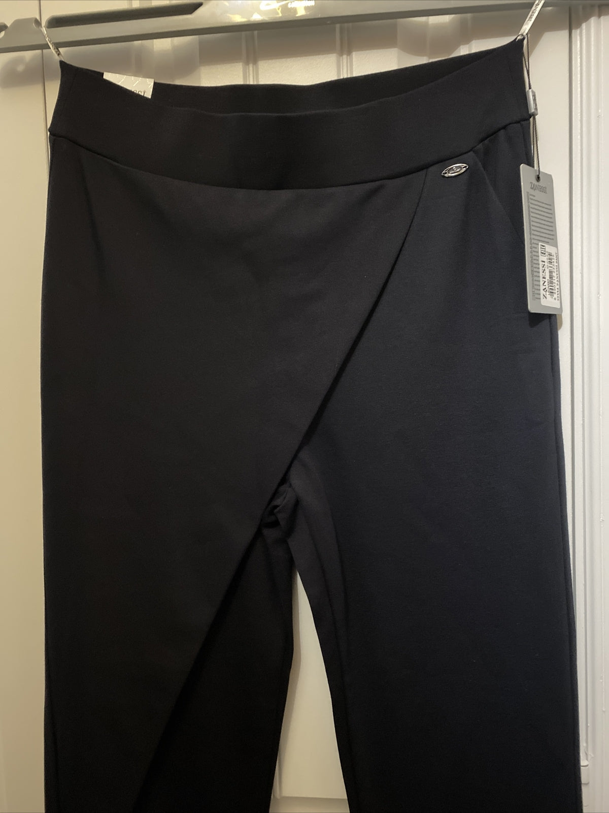 Zanessi Navy Asymmetrical Pants Sz 10/44 – Chic Draped Style, Made in Turkey