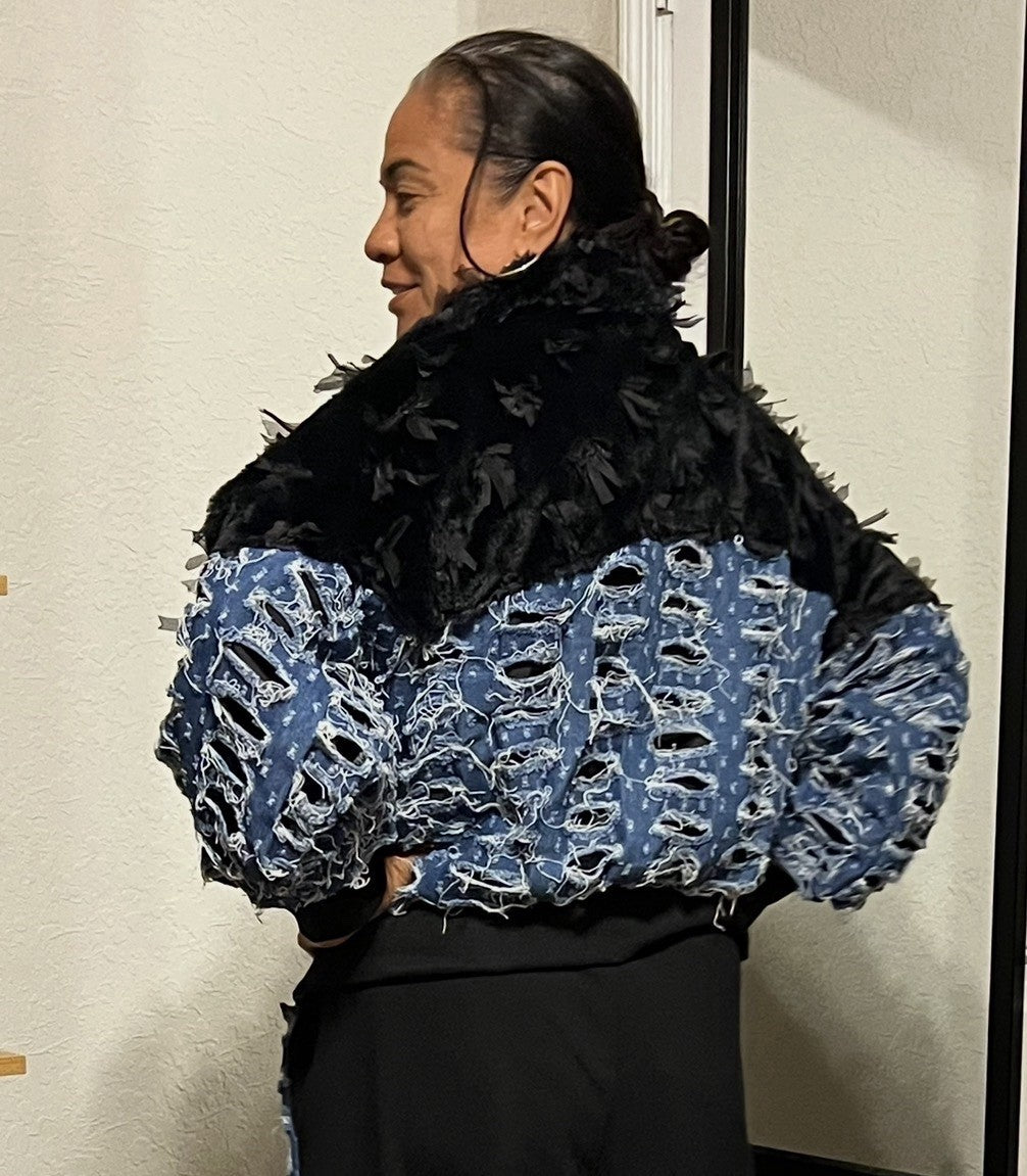 H4 short oversized jacket, denim & black, sz 12/38, made in Turkey