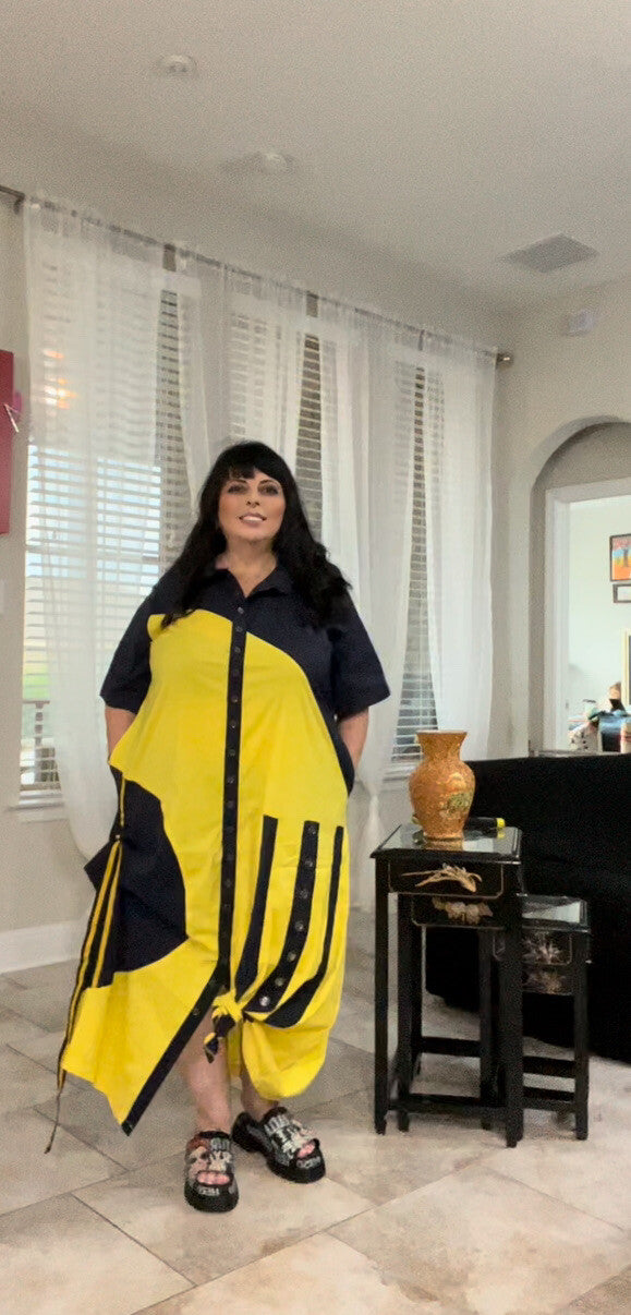 SALE!!!! DePompadur Oversized Dress Yellow/Navy, Sz 24/3 Made in Turkey
