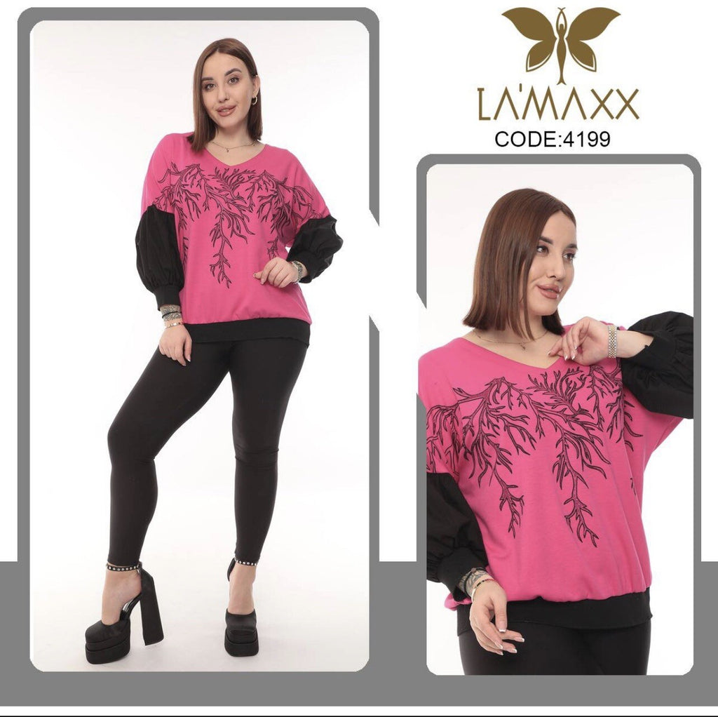 LaMaxx Pink Black Puff Sleeve Top Sz 16/1 Made In Turkey