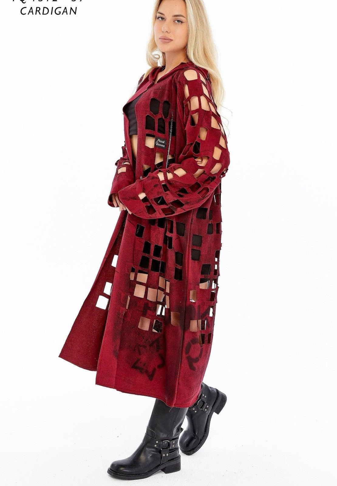 Punk Queen Burgundy Cut-Out Hooded Cardigan Sz XL Longline Edgy Coat Turkey