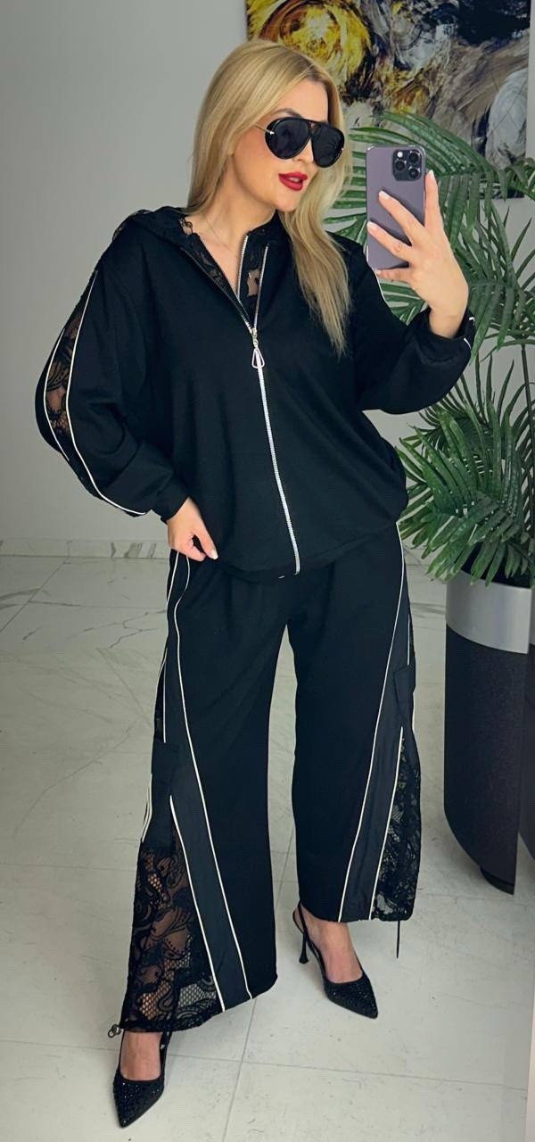 Dolares Plus set Sz 16/1 black lace zip jacket & wide pants made in Turkey