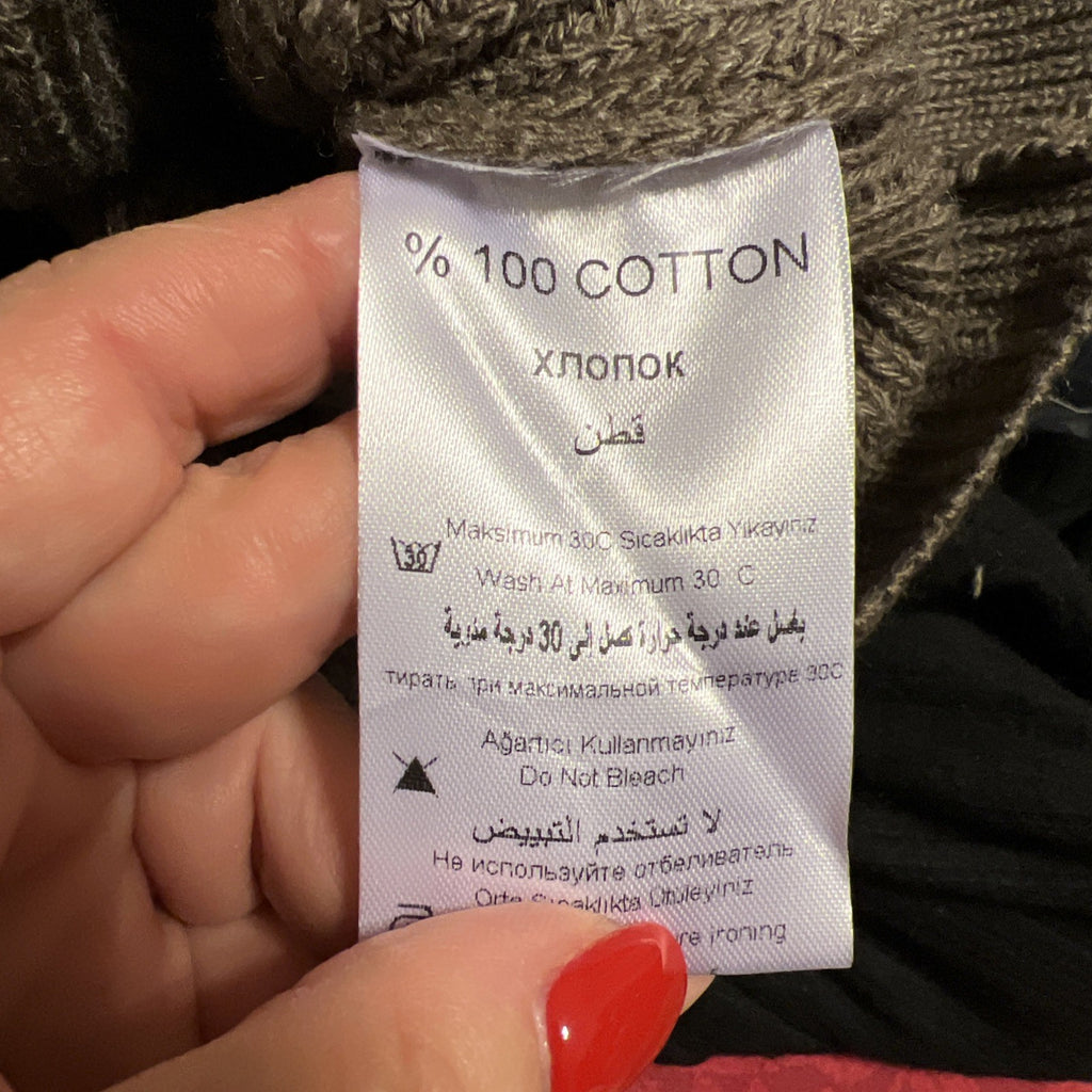 H4 One Size Distressed Mocha Knit Sweater Faux Leather Pockets Strap Shoulder