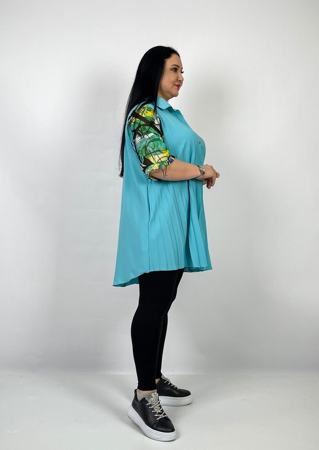 Darkwin Aqua Pleated Button Tunic Sz 14/2 Made In Turkey