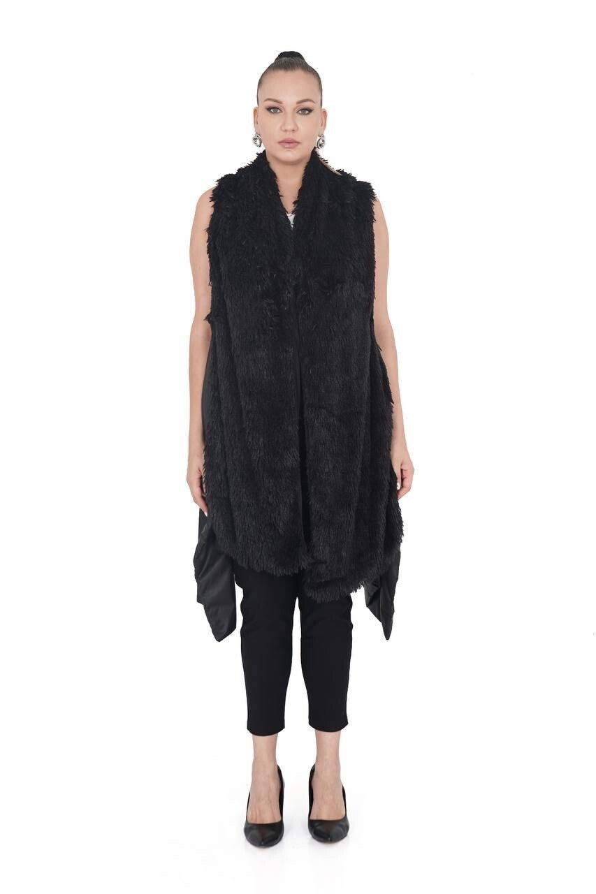 Darkwin Long Faux Fur Vest Sz 20 Black Layering Piece Made In Turkey