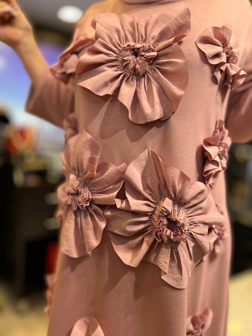 IZAR Rose Pink Floral Maxi Dress Sz 22/52 3D Flowers Cotton Blend Made Turkey