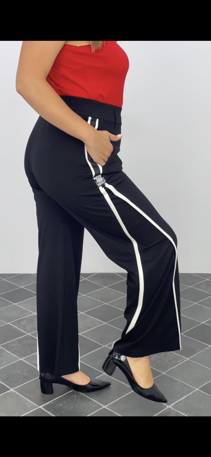 Exitline Pants Sz 8/42 Black White Stripe Wide Leg Made In Turkey