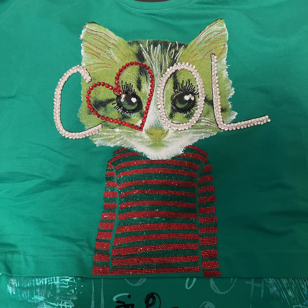 LaMaxx Green Cat Graphic Oversized Top Sz 24/3 Made In Turkey