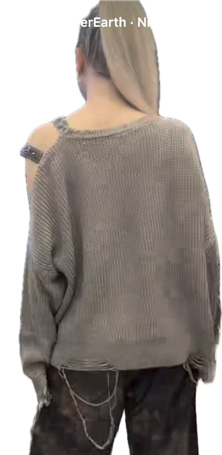 H4 One Size Distressed Mocha Knit Sweater Faux Leather Pockets Strap Shoulder