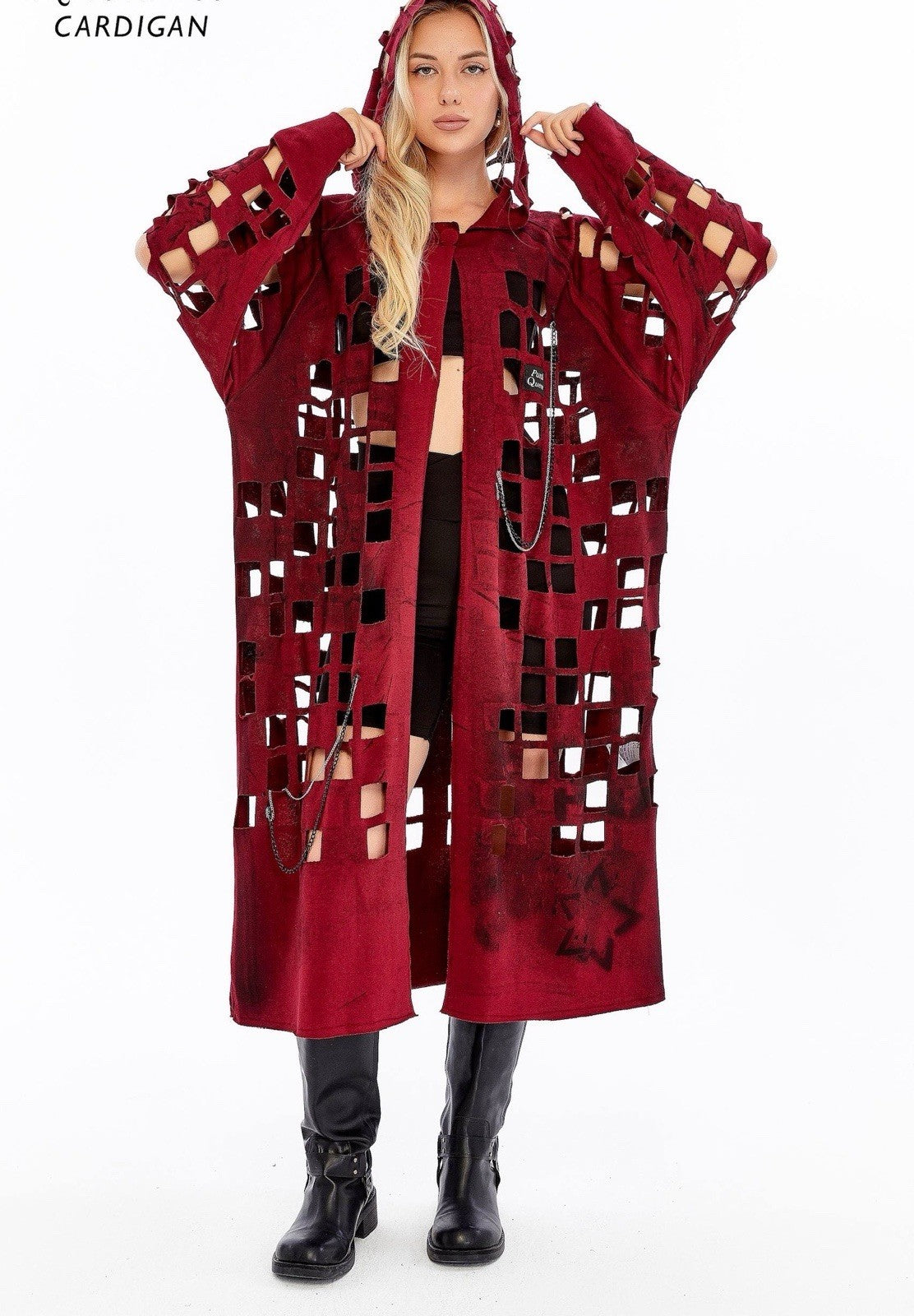Punk Queen Burgundy Cut-Out Hooded Cardigan Sz L Longline Edgy Coat Turkey