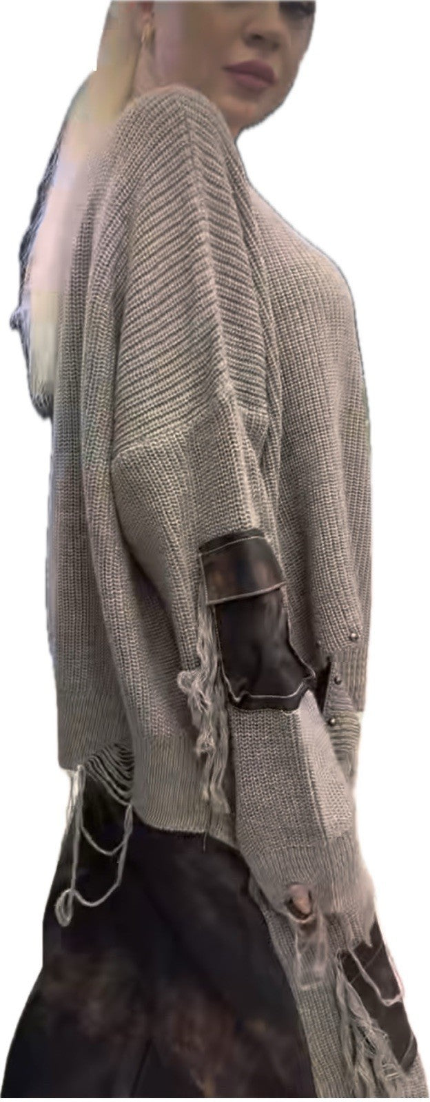 H4 One Size Distressed Mocha Knit Sweater Faux Leather Pockets Strap Shoulder