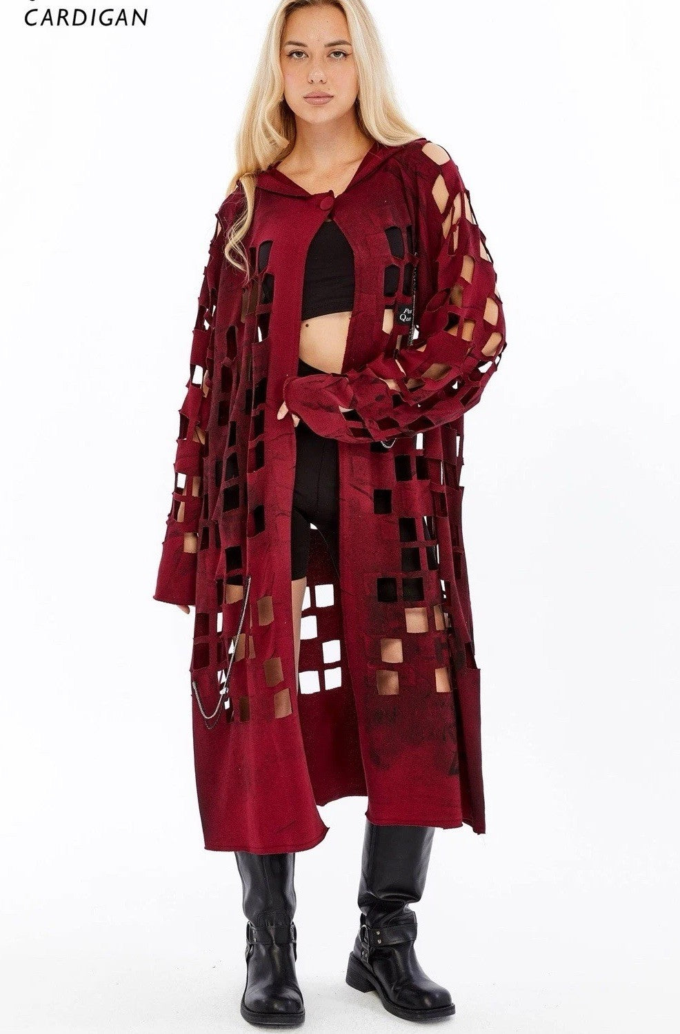 Punk Queen Burgundy Cut-Out Hooded Cardigan Sz S Longline Edgy Coat Turkey