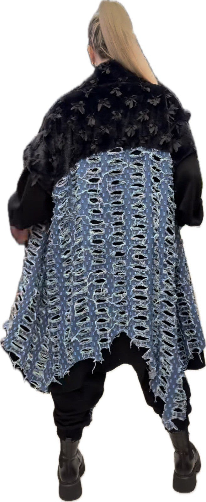 H4 One Size Distressed Denim Overlay Sweatshirt Jacket Black Blue Turkey