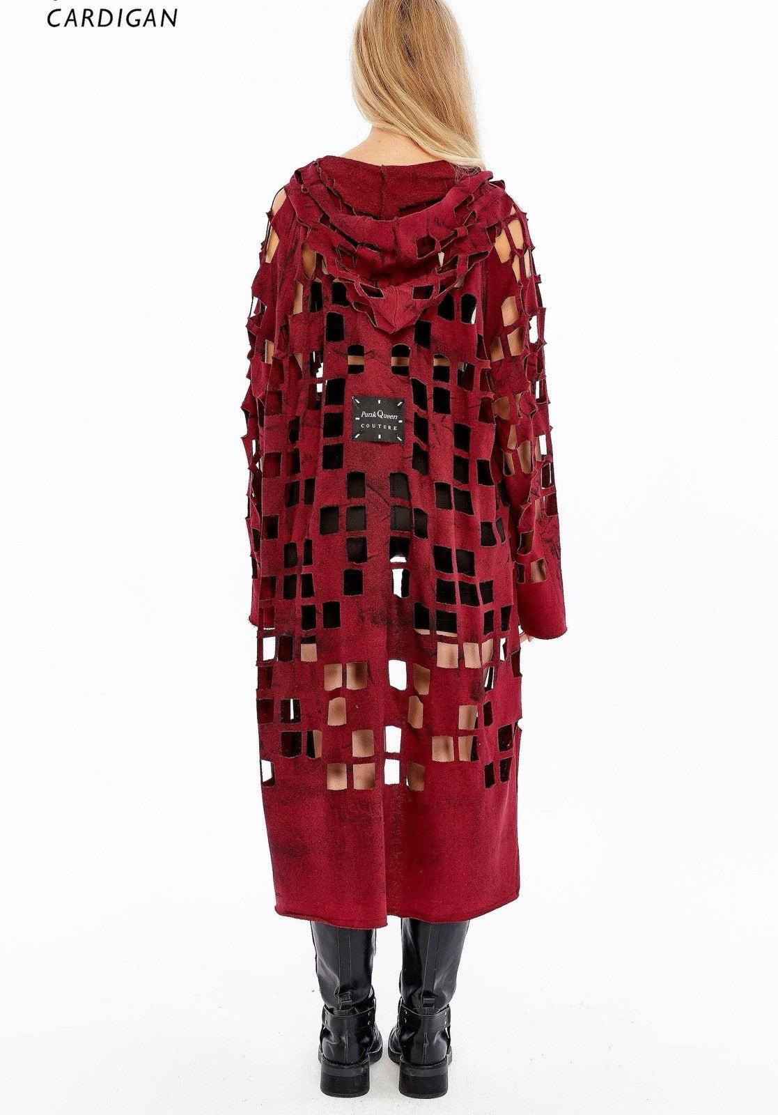 Punk Queen Burgundy Cut-Out Hooded Cardigan Sz M Longline Edgy Coat Turkey