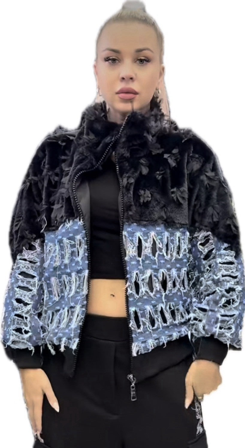 H4 short oversized jacket, denim & black, sz 12/38, made in Turkey