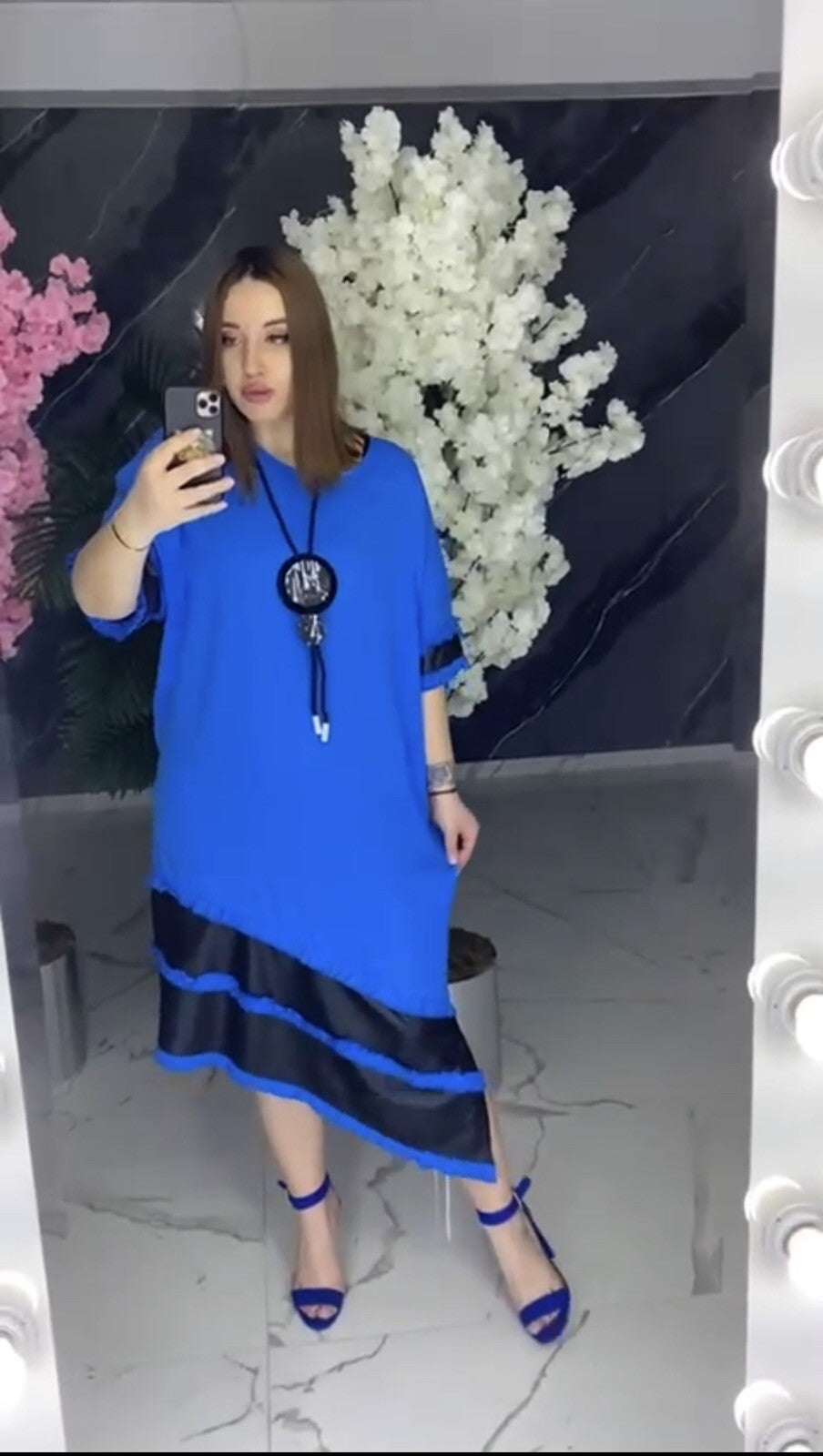 B-One Blue Black Asymmetrical Dress, Sz 12-46 Made in Turkey