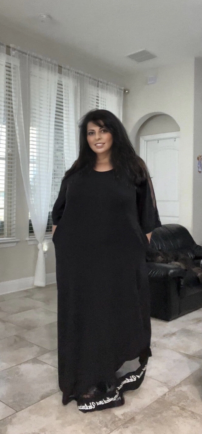 M’De Pompadour Black Dress w/ Mesh Sleeves Sz 20/2 Made in Turkey