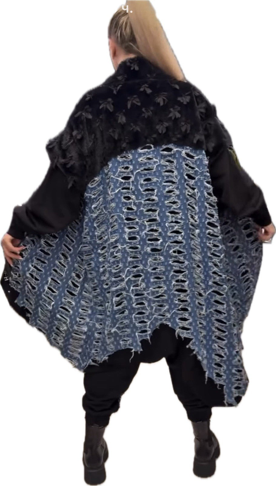 H4 One Size Distressed Denim Overlay Sweatshirt Jacket Black Blue Turkey