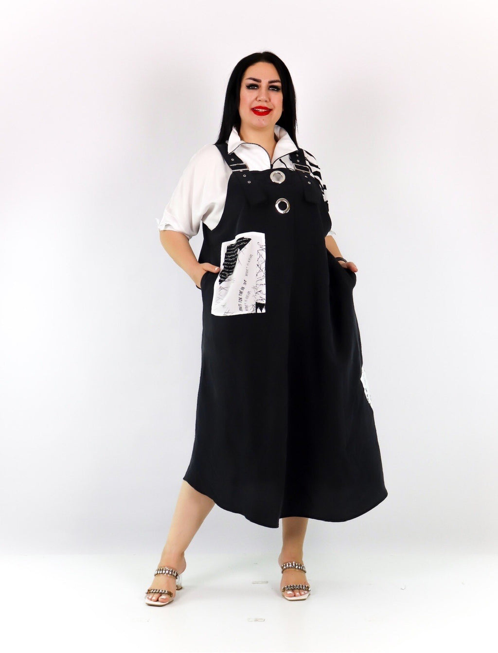 Darkwin 2-Pc Dress Set, Sz 20/2 Made in Turkey, Black & White Layered