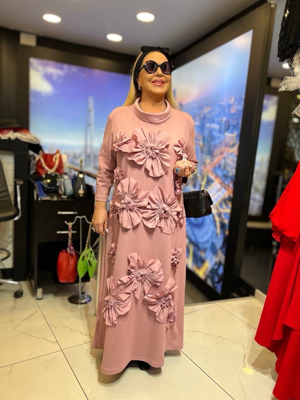 IZAR Rose Pink Floral Maxi Dress Sz 20/50 3D Flowers Cotton Blend Made Turkey