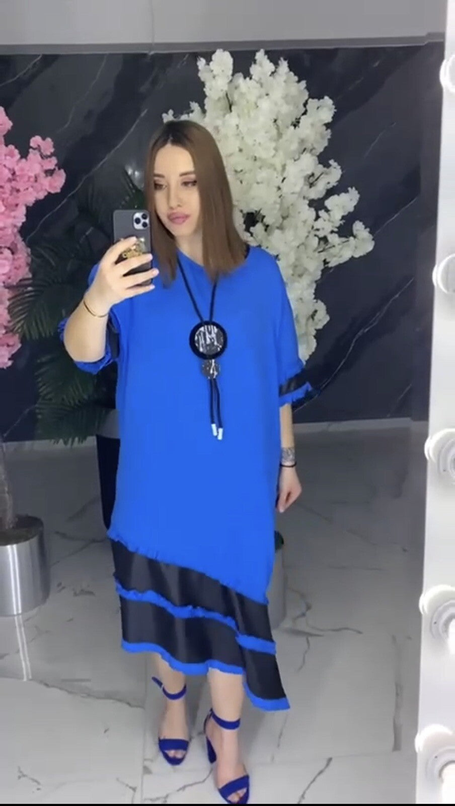 B-One Blue Black Asymmetrical Dress, Sz 10-44 Made in Turkey