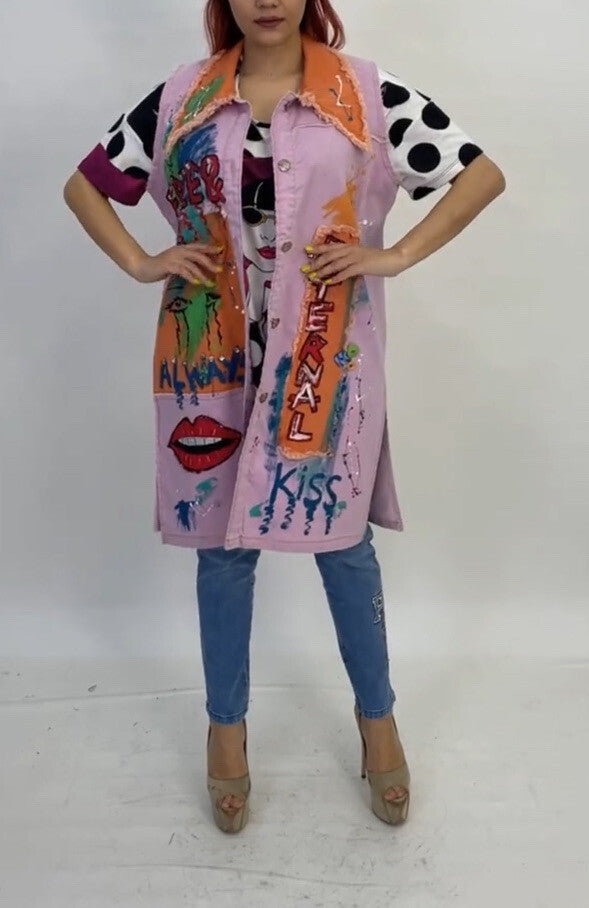 LaVelina Graffiti Art Denim Vest Sz 2X Made In Turkey