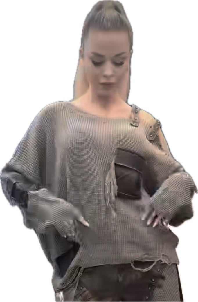 H4 One Size Distressed Mocha Knit Sweater Faux Leather Pockets Strap Shoulder