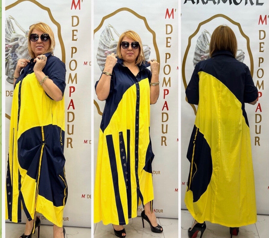 SALE!!!! DePompadur Oversized Dress Yellow/Navy, Sz 24/3 Made in Turkey