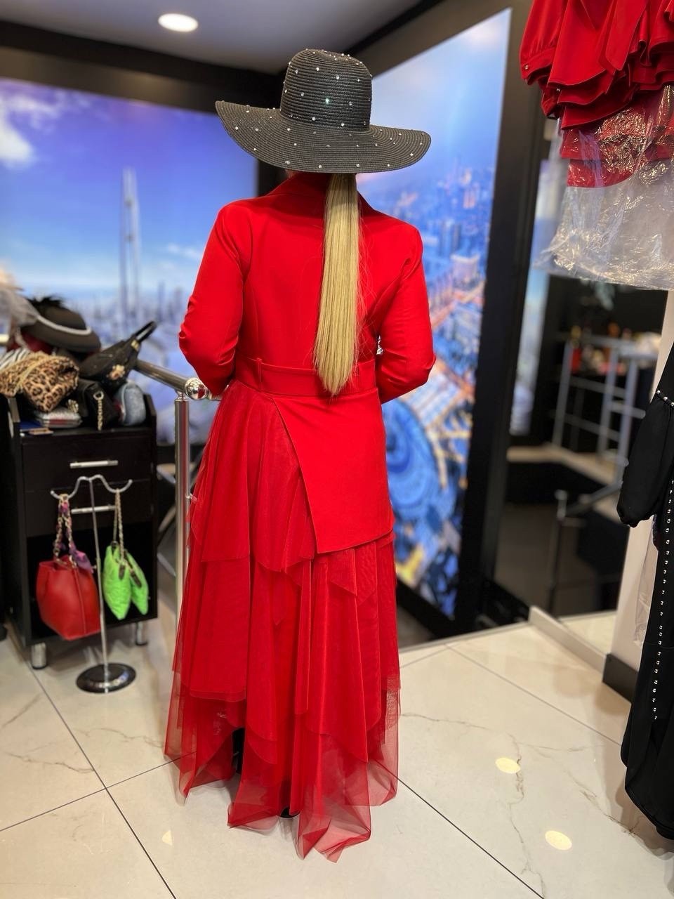 Izar Red Layered Mesh & Blazer Dress – Sz 10/42 – Stunning Statement Piece