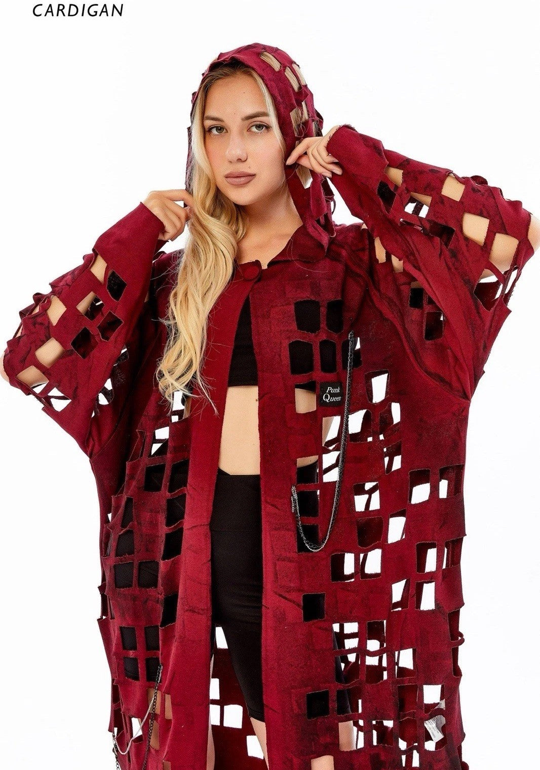 Punk Queen Burgundy Cut-Out Hooded Cardigan Sz XL Longline Edgy Coat Turkey
