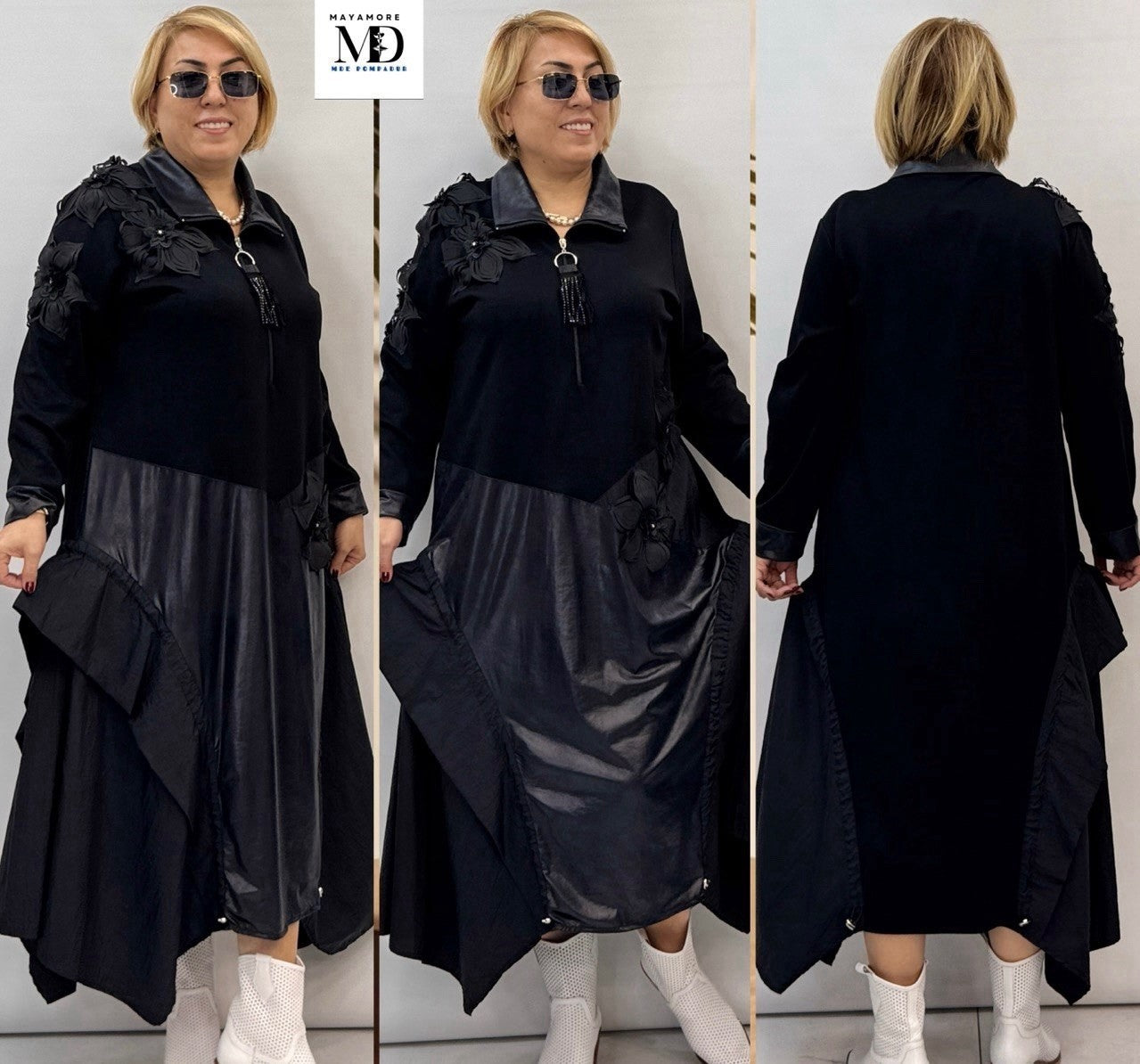 Vestido Black Asymmetrical Dress 16/1 Turkey Viscose Raincoat Fabric Panels