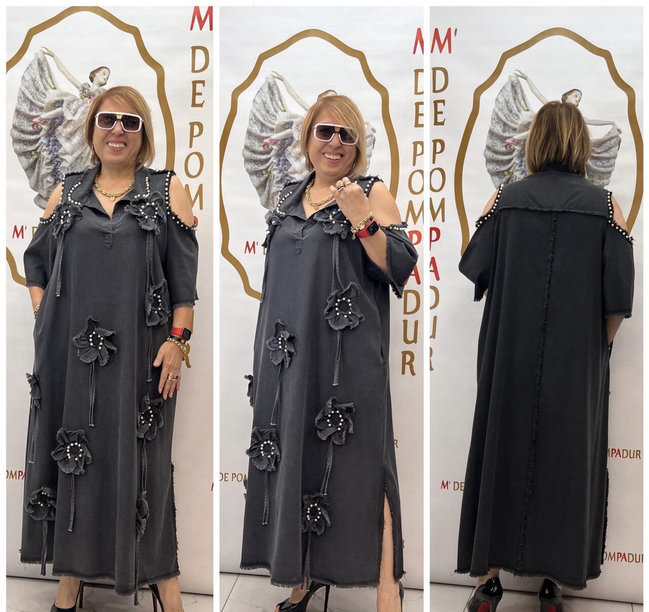 Pompadur Plus Size Dress 22/4 Gray Floral Appliqué Made in Turkey