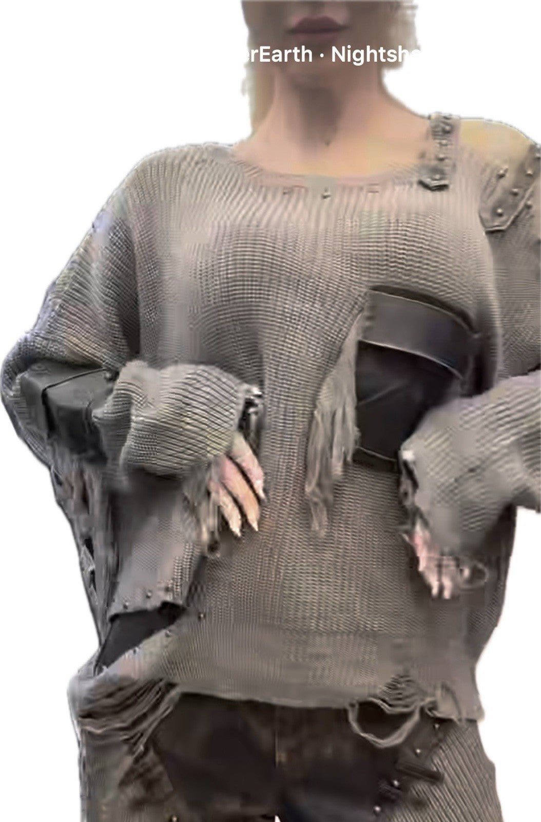 H4 One Size Distressed Mocha Knit Sweater Faux Leather Pockets Strap Shoulder