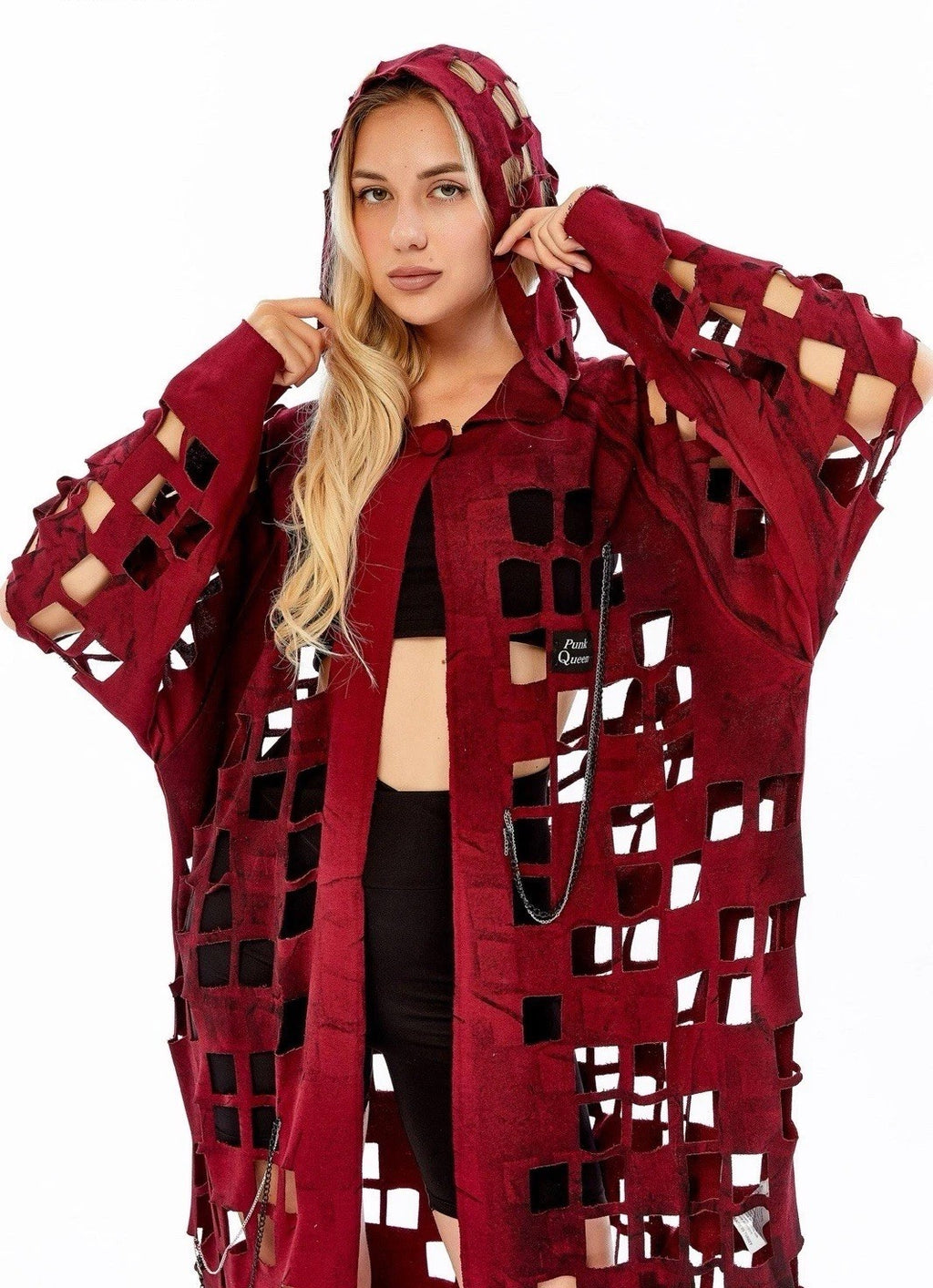 Punk Queen Burgundy Cut-Out Hooded Cardigan Sz M Longline Edgy Coat Turkey