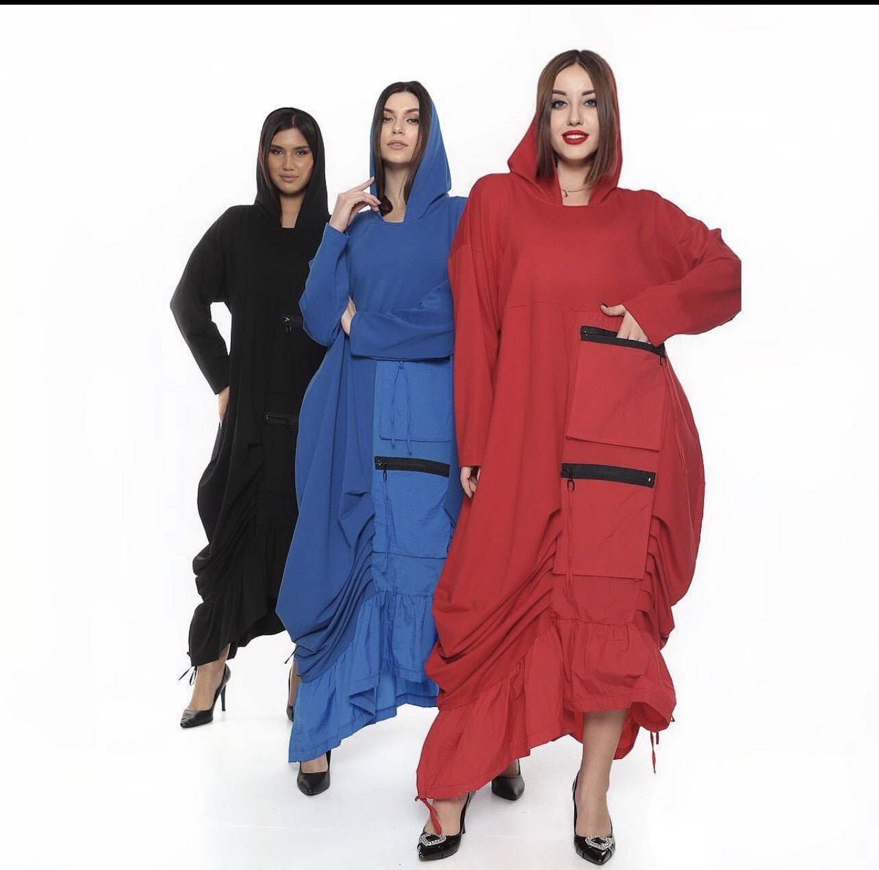 B-One Red Oversized Hoodie Dress w/ Zipper Pockets Sz 20/48 Made in Turkey