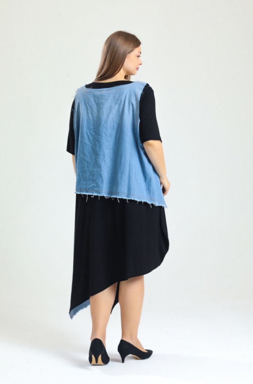 LaVelina Asymmetrical Denim Patch Dress Sz 22/48 Made in Turkey