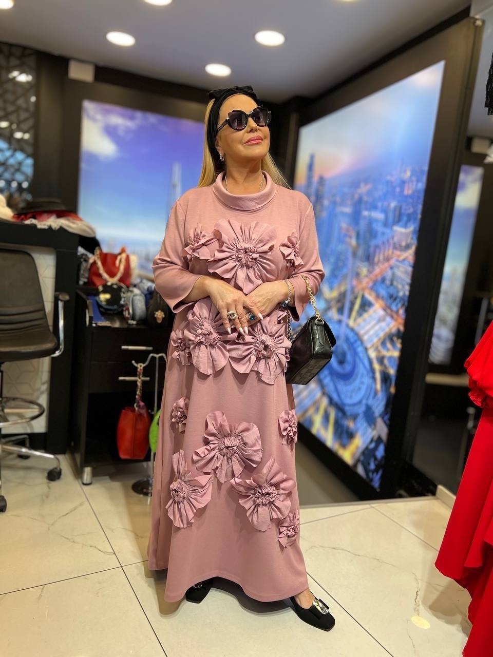 IZAR Rose Pink Floral Maxi Dress Sz 22/52 3D Flowers Cotton Blend Made Turkey