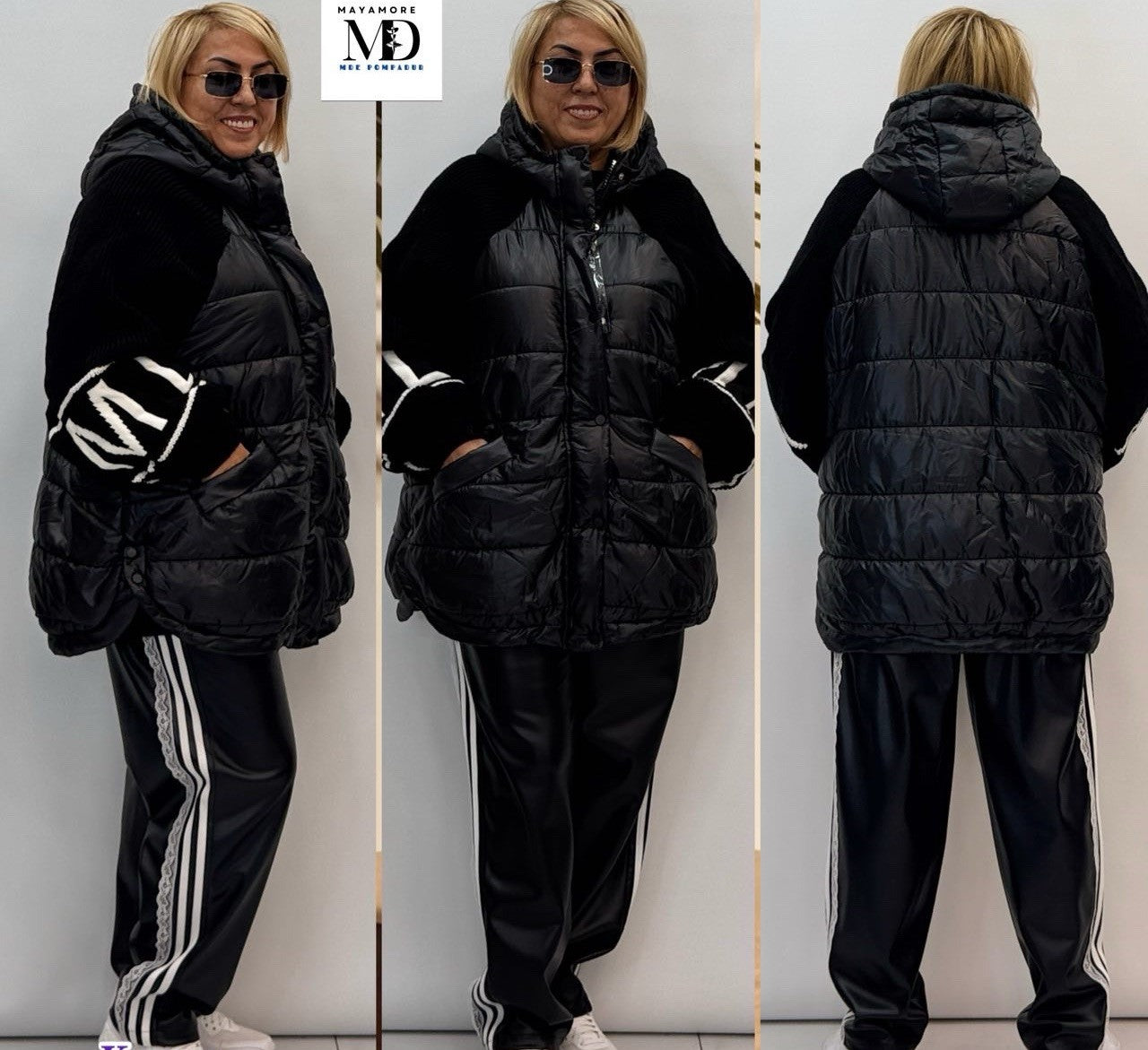 M’de Pompadur Black Oversized Puffer Jacket Knit Sleeves Logo 20/2 Turkey