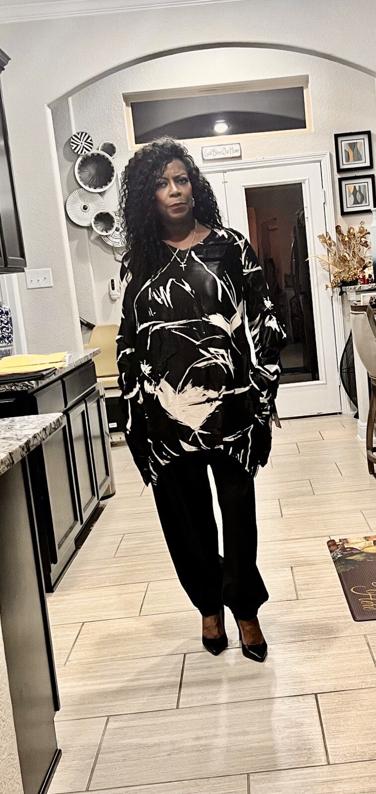 Alyans Black White Abstract Top Silky Oversized Blouse Sz 16 Made Turkey