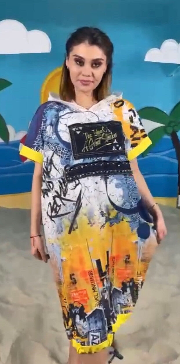 LaVelina Artistic Print Hooded Dress Sz 22/52 Made In Turkey