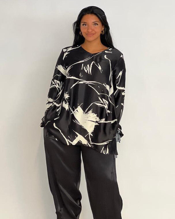 Alyans Black White Abstract Top Silky Oversized Blouse Sz 16 Made Turkey