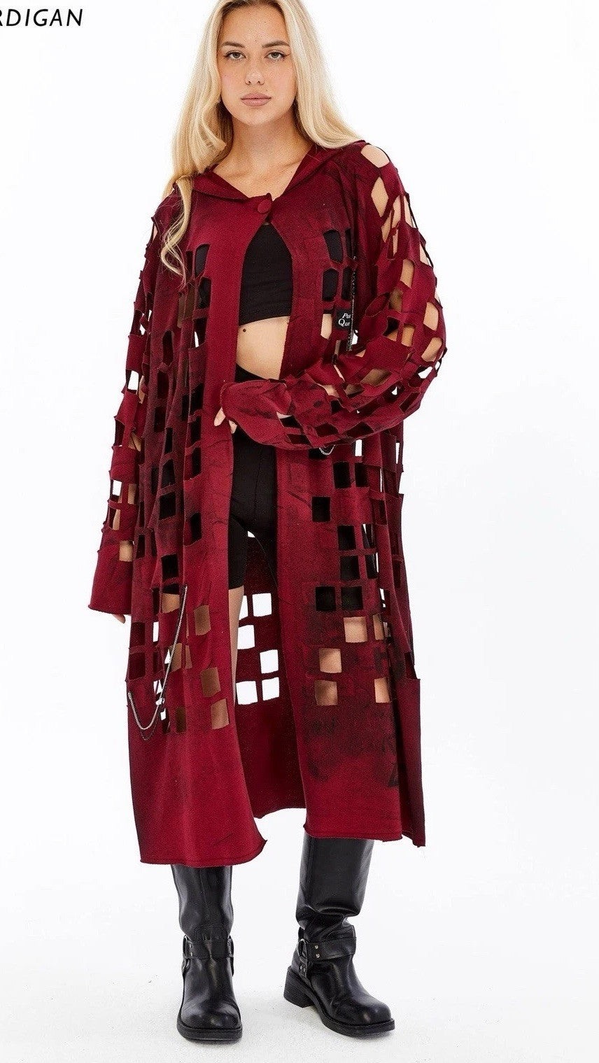 Punk Queen Burgundy Cut-Out Hooded Cardigan Sz XL Longline Edgy Coat Turkey