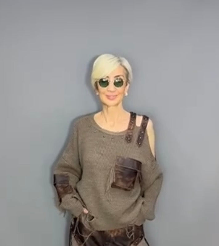 H4 One Size Distressed Mocha Knit Sweater Faux Leather Pockets Strap Shoulder